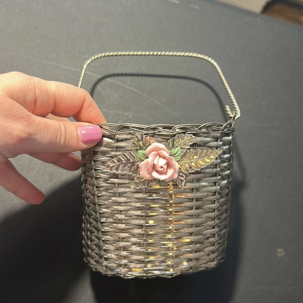Vintage silver plated basket with pink rose